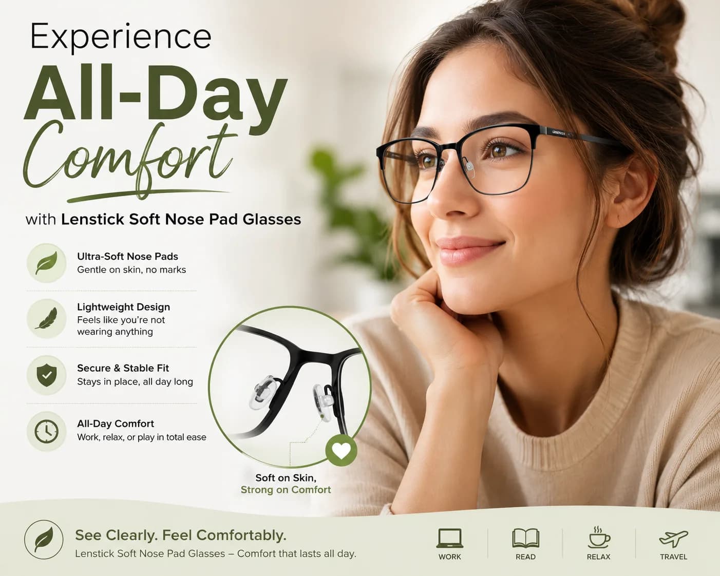 Experience All-Day Comfort with Lenstick Soft Nose Pad Glasses