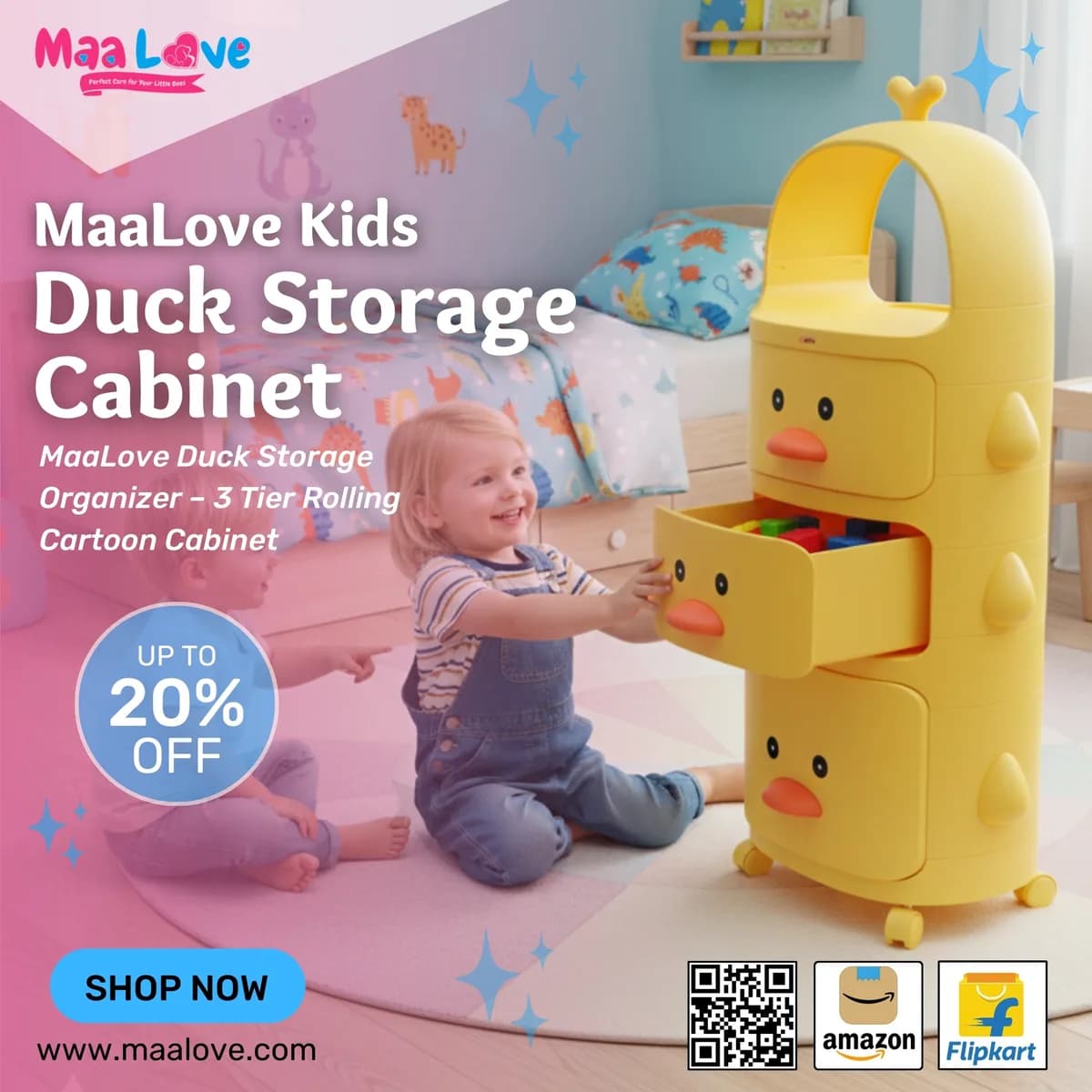 MaaLove Duck Design 3-Drawer Storage Cabinet with Wheels