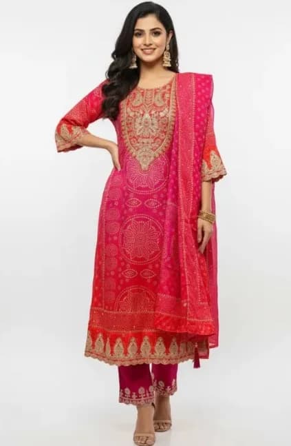 Pink Red Bandhej Suit Set | Karwa Chauth Outfit Rs. 2199