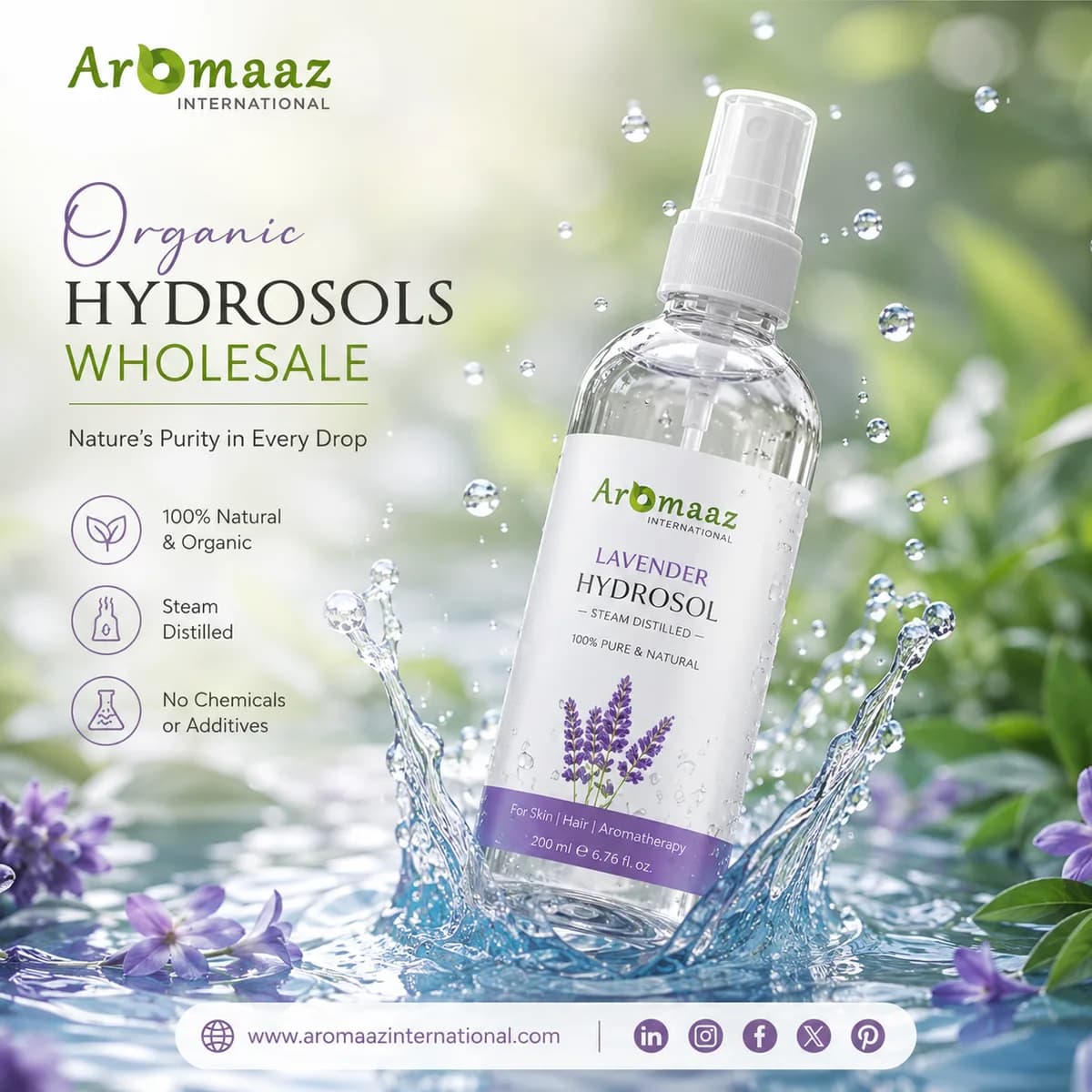 Organic Hydrosols Wholesale | Bulk Hydrosols by Aromaaz International