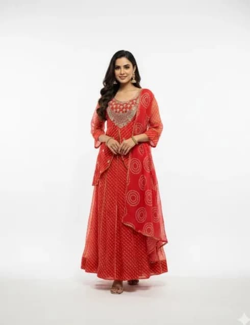 Orange Bandhani Anarkali Suit Set – Under 2500 Festive Dress Rs. 2199