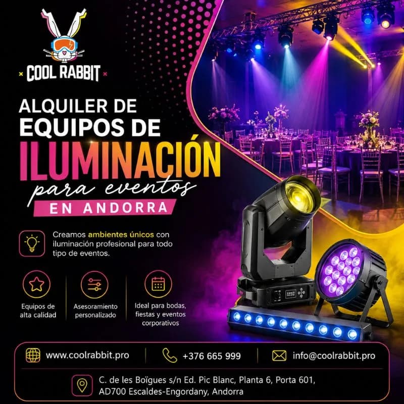 Alquiler de equipos de iluminación para eventos en Andorra con Cool Rabbit