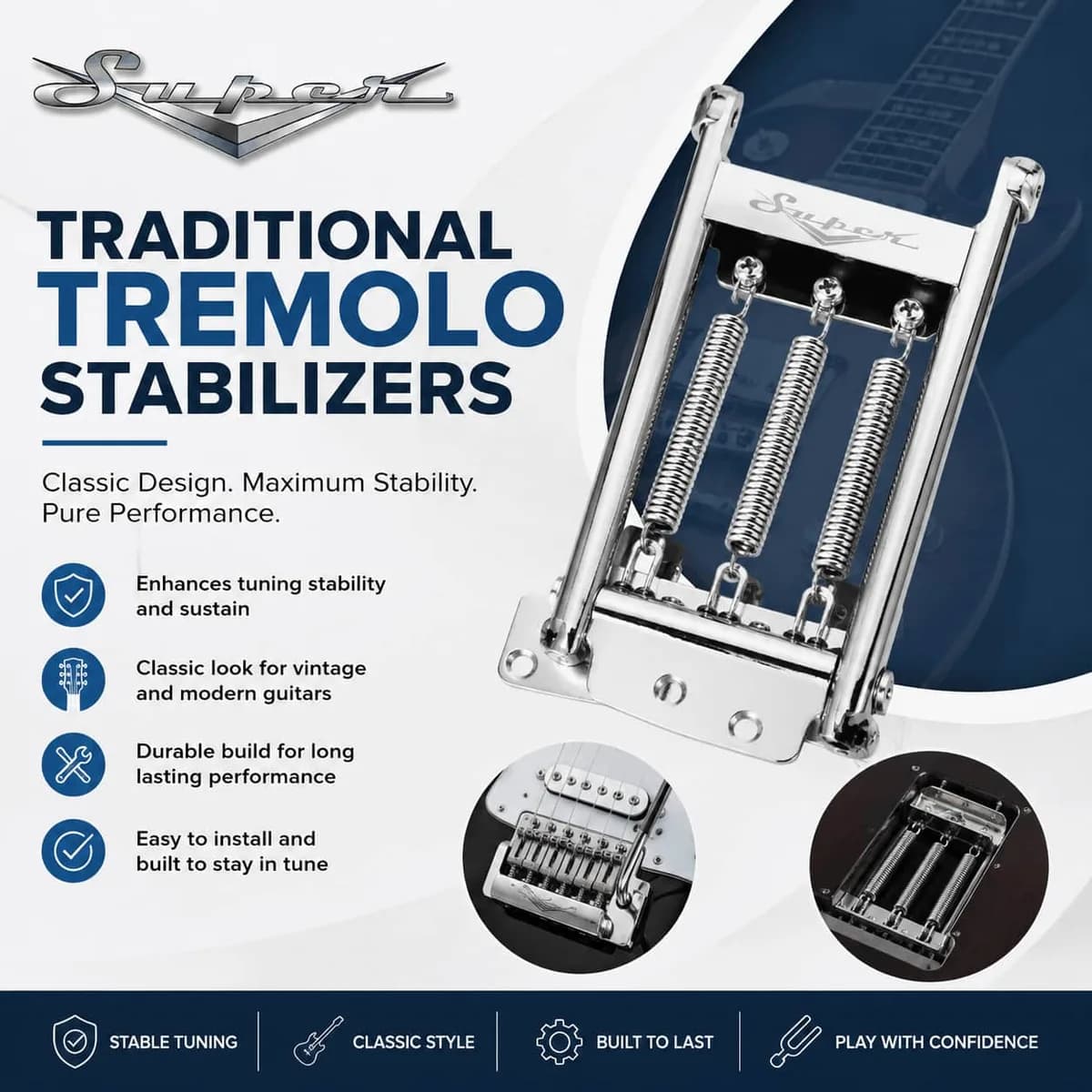 Compare Traditional Tremolo Stabilizers & SuperVee Maglok for Better Tuning Stability