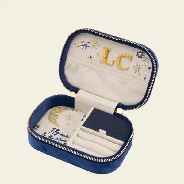 Personalized Navy Velvet Travel Jewelry Box – Celestial Jewelry Organizer