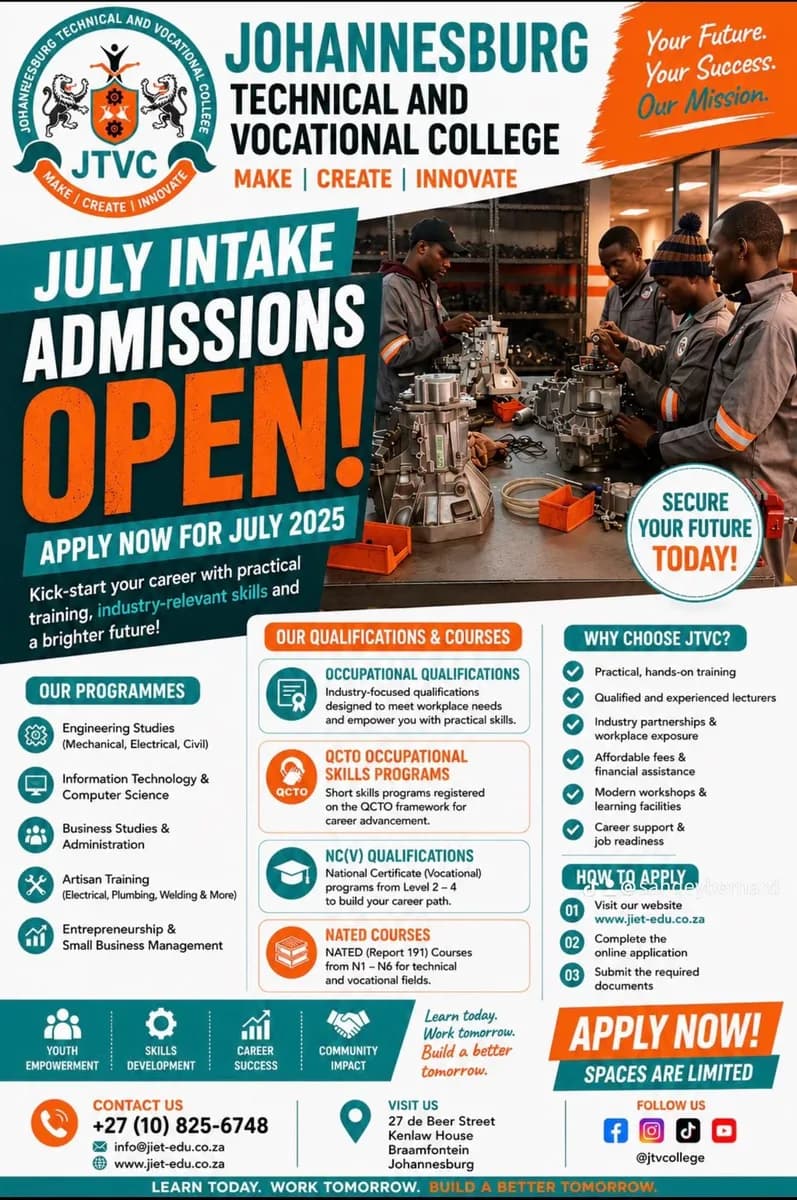 Register at the Johannesburg Technical and Vocational College