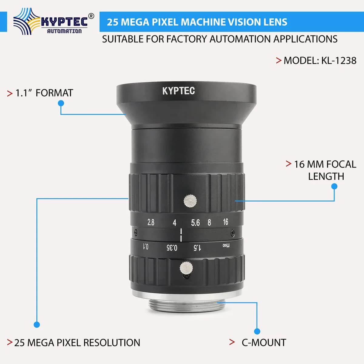 16 MM 25 MP Precision-Inspection Machine Vision Lens for 1.1-Inch Industrial Cameras .