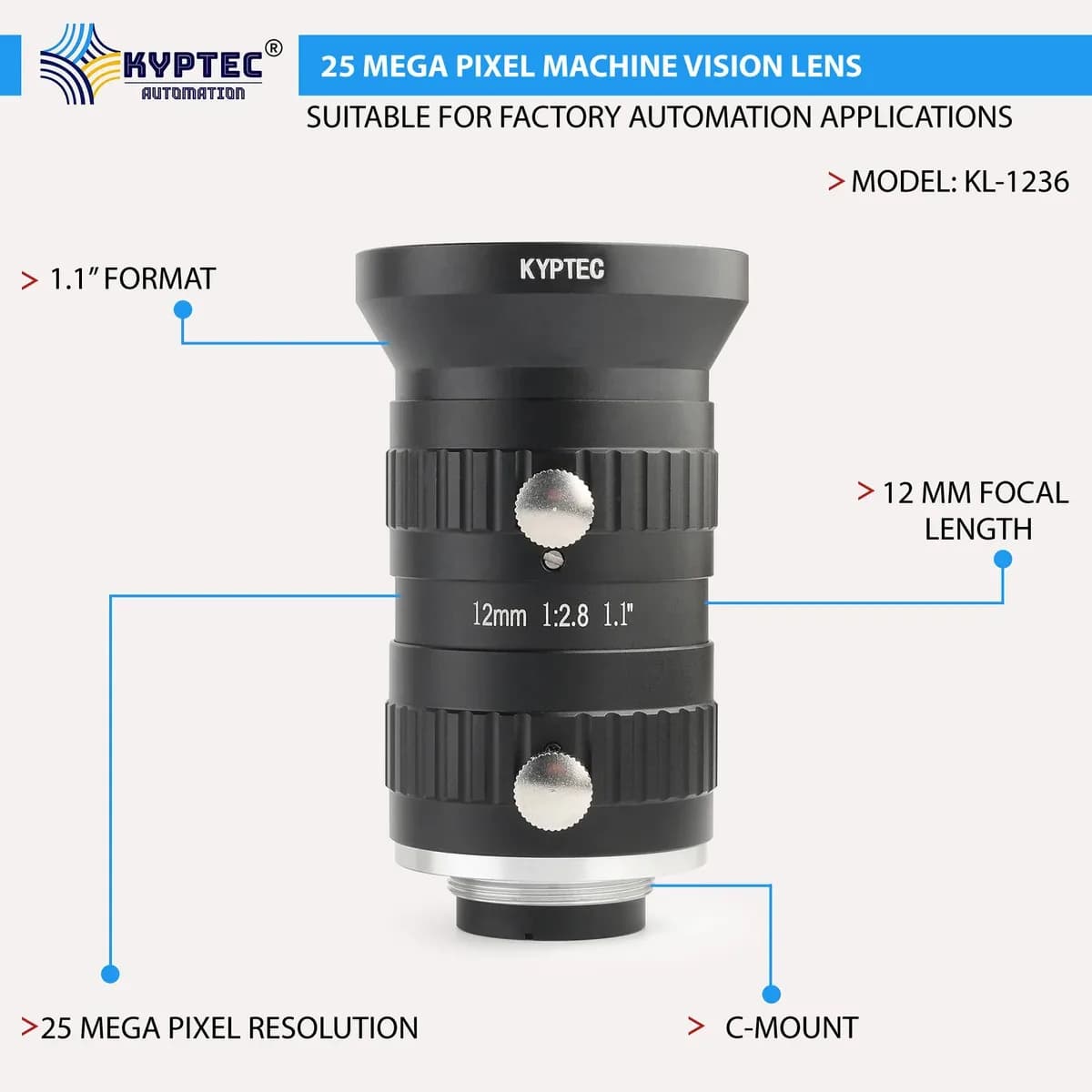 12 MM 25 MP Wide-Angle Machine Vision Lens for 1.1-Inch Industrial Cameras | C-Mount.
