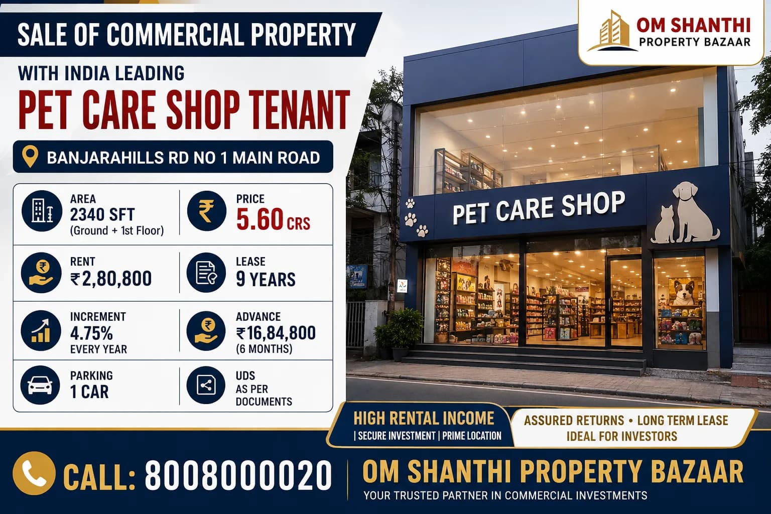 SALE OF COMMERCIAL PROPERTY INDIA LEADING PET CARE SHOP TENANT AT BANJARAHILLS ROAD NO:1 MAIN RD