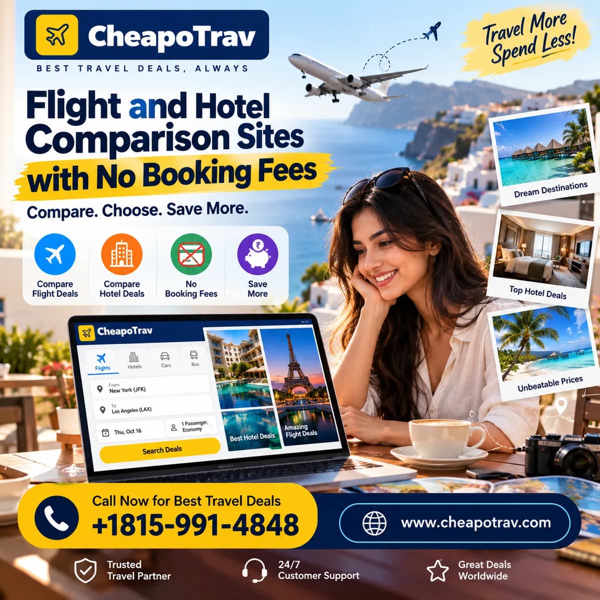 Which flight and hotel comparison sites feature no booking fees?