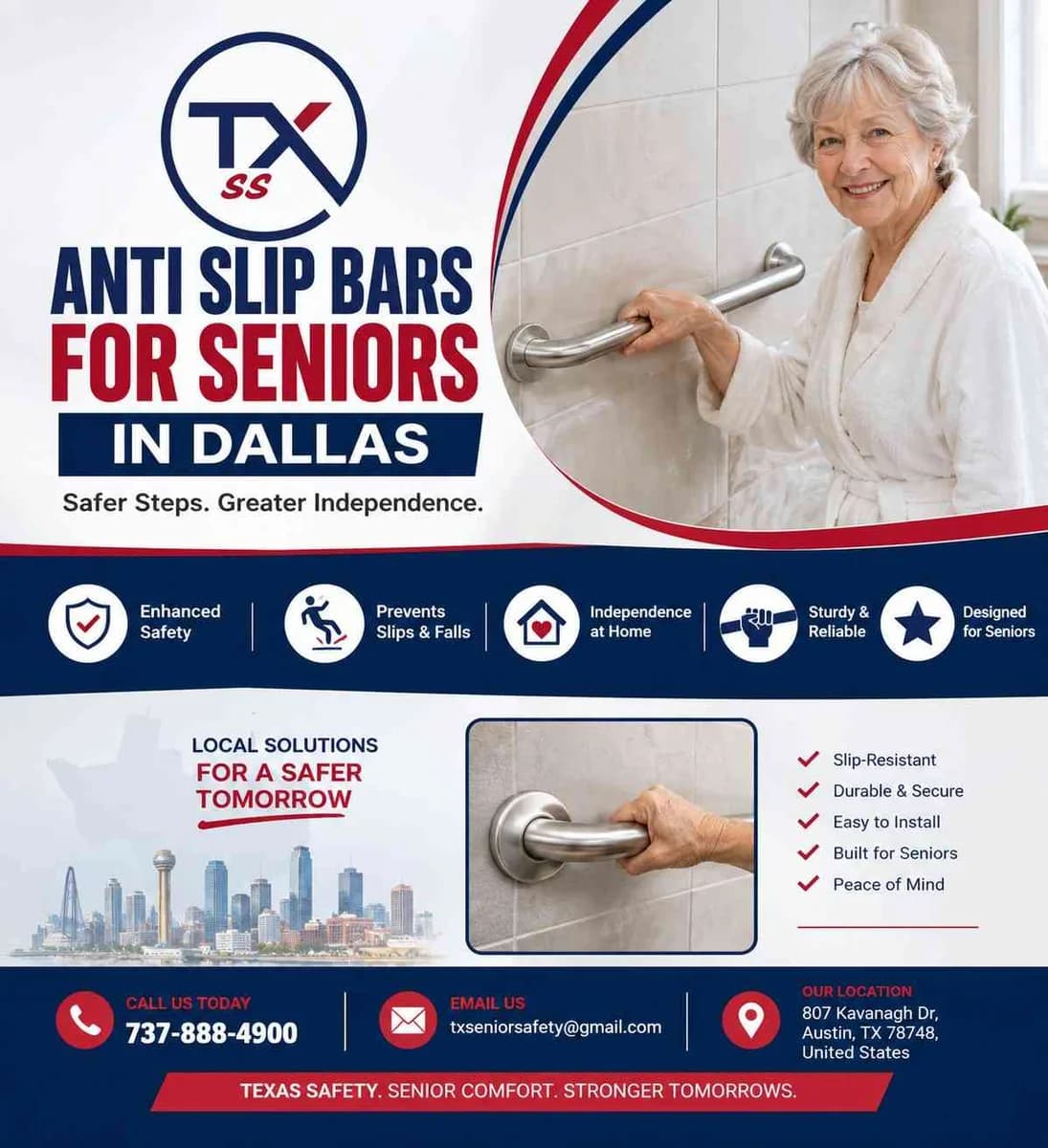 Anti Slip Bars for Seniors in Dallas – Safe Bathrooms, Greater Independence