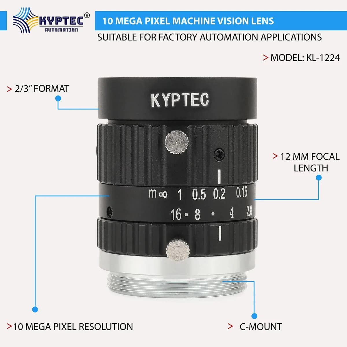 12 MM 10 MP Wide-Angle Machine Vision Lens for 2/3-Inch Industrial Cameras .