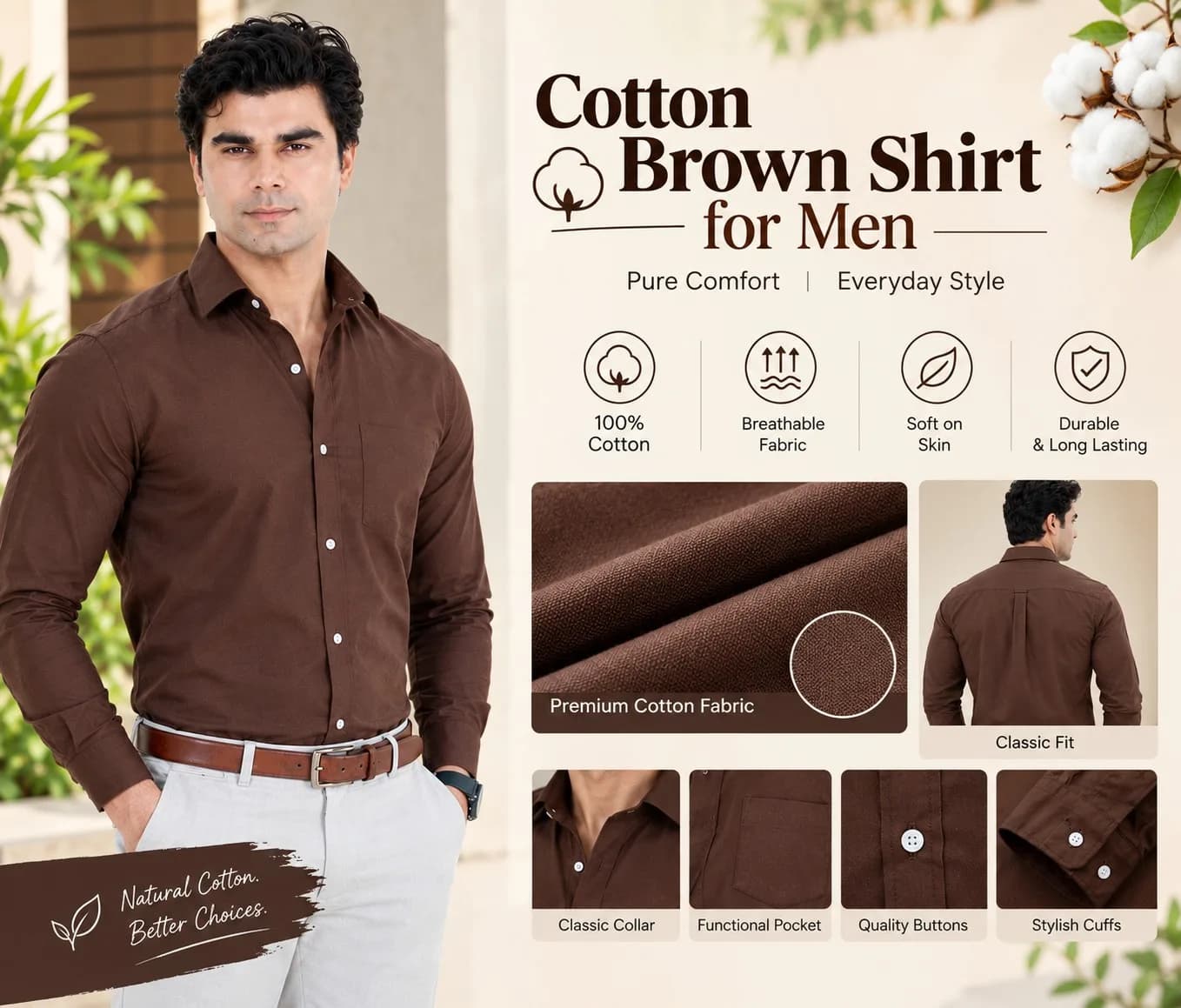 Cotton Brown Shirt for Men: Breathable Regular Fit Full Sleeve